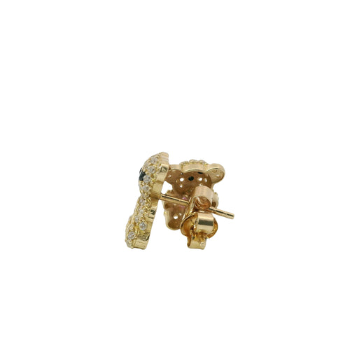 14KT Gold Earring Small White CZ Stones Teddy Bear with Black CZ Stones Eyes, Pink Heart CZ Stone Belly, Push Back Post, and Butterfly Backs