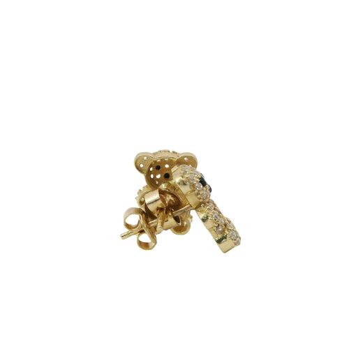 14KT Gold Earring Small White CZ Stones Teddy Bear with Black CZ Stones Eyes, Pink Heart CZ Stone Belly, Push Back Post, and Butterfly Backs