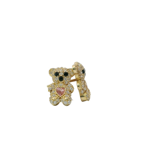 14KT Gold Earring Small White CZ Stones Teddy Bear with Black CZ Stones Eyes, Pink Heart CZ Stone Belly, Push Back Post, and Butterfly Backs
