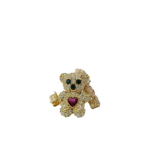 14KT Gold Earring Small White CZ Stones Teddy Bear with Black CZ Stones Eyes, Red Heart CZ Stone Belly, Push Back Post, and Butterfly Backs