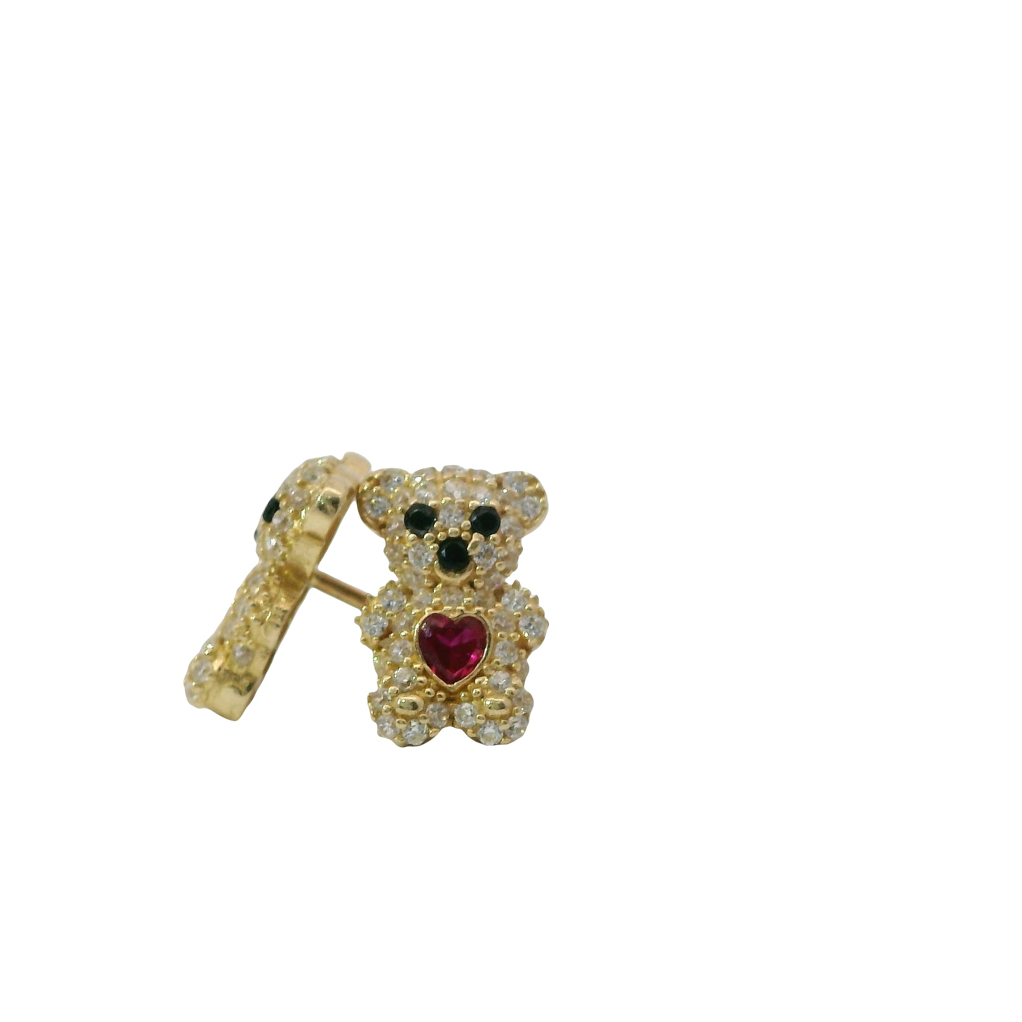 14KT Gold Earring Small White CZ Stones Teddy Bear with Black CZ Stones Eyes, Red Heart CZ Stone Belly, Push Back Post, and Butterfly Backs
