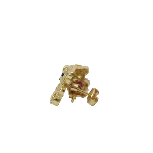 14KT Gold Earring Small White CZ Stones Teddy Bear with Black CZ Stones Eyes, Red Heart CZ Stone Belly, Push Back Post, and Butterfly Backs