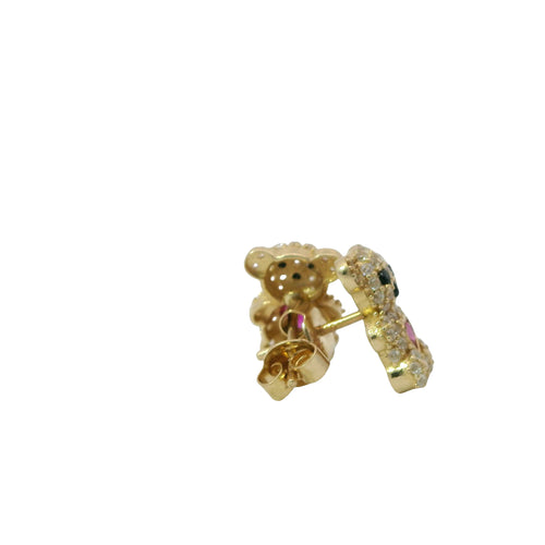 14KT Gold Earring Small White CZ Stones Teddy Bear with Black CZ Stones Eyes, Red Heart CZ Stone Belly, Push Back Post, and Butterfly Backs