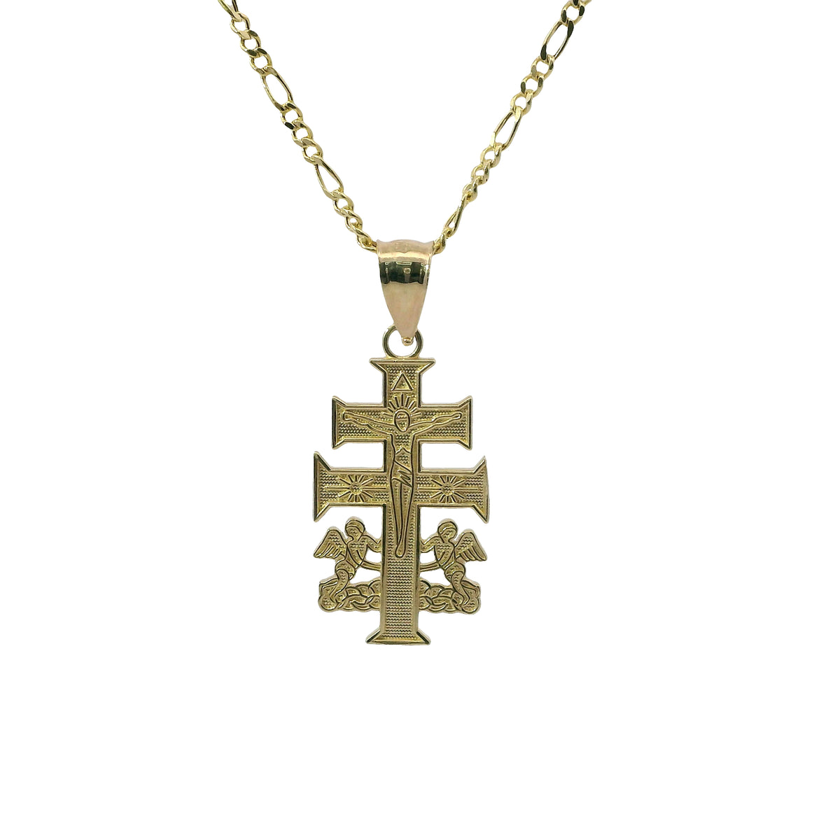 14KT Gold Charm Medium Tri Tone Caravaca Crucifix Cross with Plain Bell