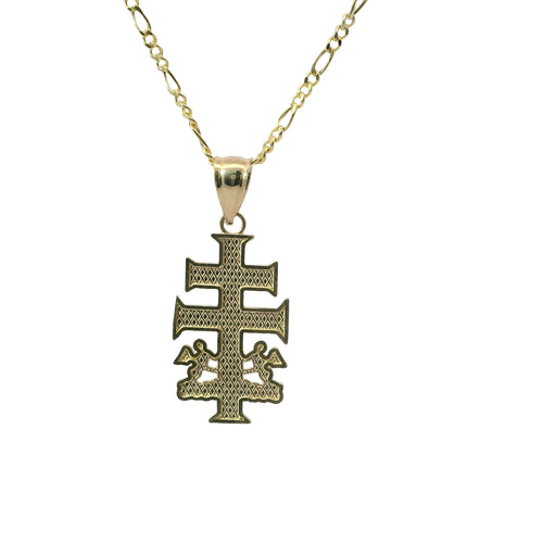 14KT Gold Charm Medium Tri Tone Caravaca Crucifix Cross with Plain Bell