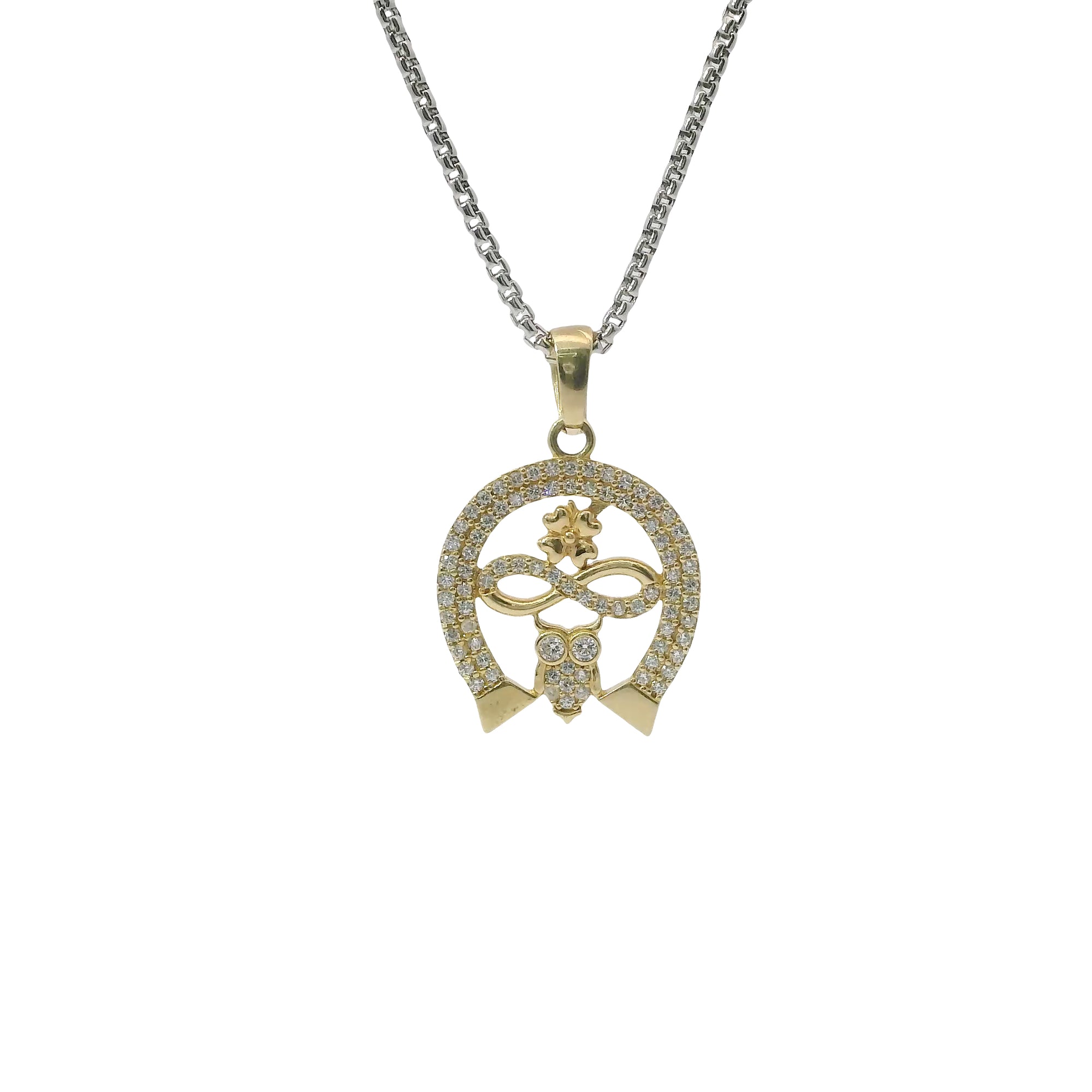 14KT Gold Charm Medium Horseshoe with White CZ Stones Owl, Flower and Infinity Loop Center with Plain Bell