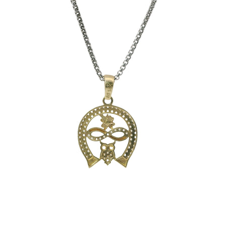 14KT Gold Charm Medium Horseshoe with White CZ Stones Owl, Flower and Infinity Loop Center with Plain Bell