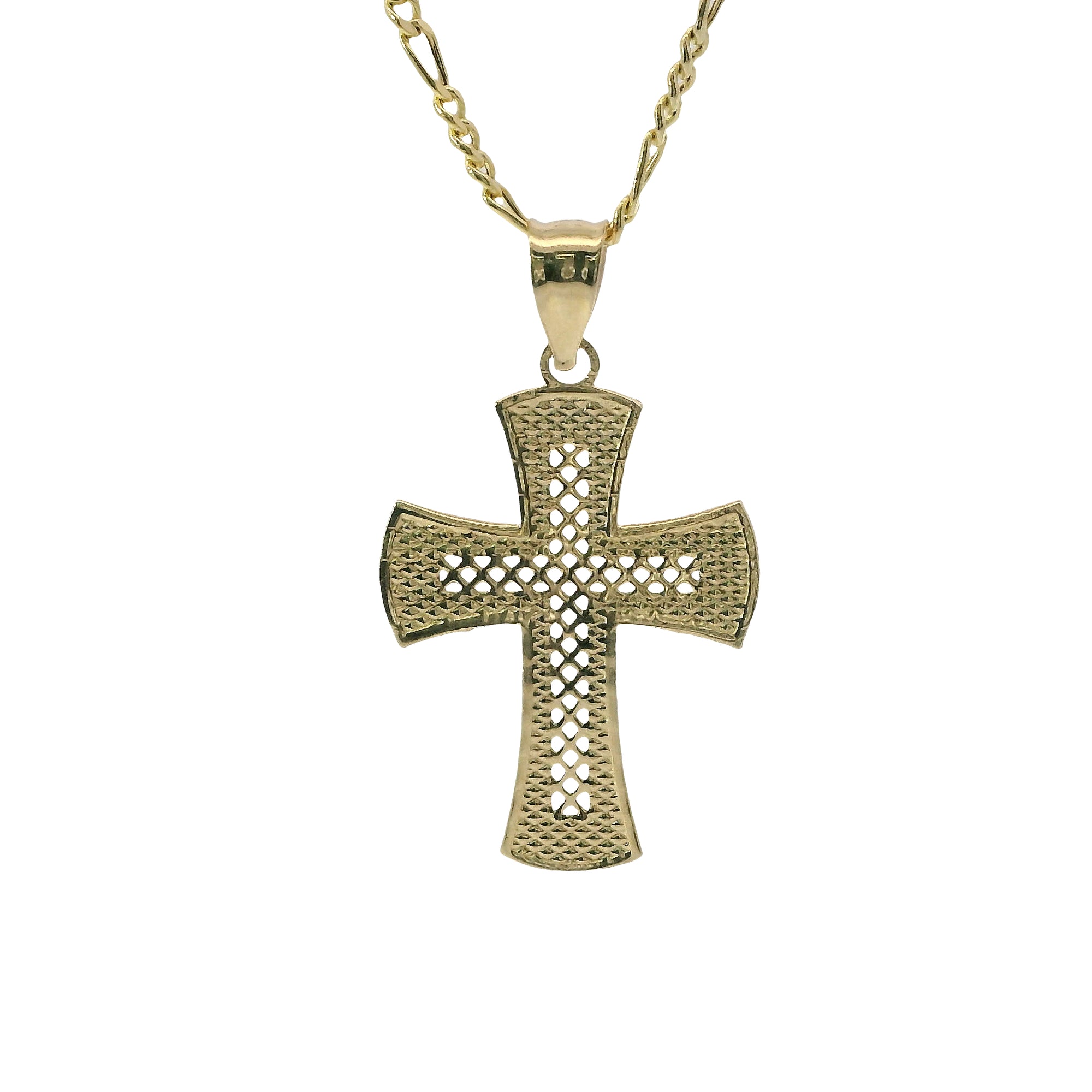 14KT Gold Charm Small Lattice Center Cross with Flare Ends and Plain Bell