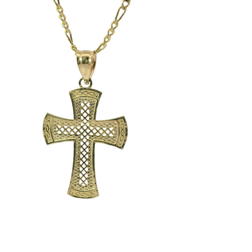 14KT Gold Charm Small Lattice Center Cross with Flare Ends and Plain Bell