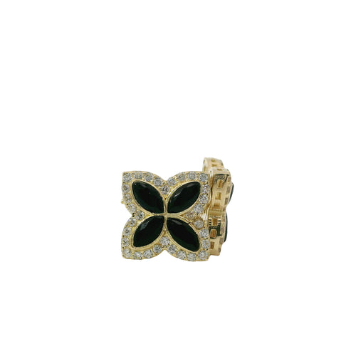 14KT Gold Earrings Small 3D Black Marquise CZ Stones Four Leaf Clover with White CZ Stones Border, Plain Edge, and Push Back Post with Butterfly Backs