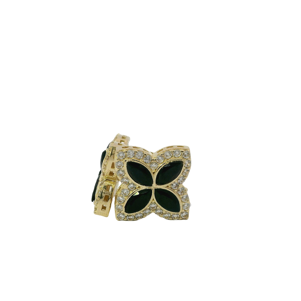 14KT Gold Earrings Small 3D Black Marquise CZ Stones Four Leaf Clover with White CZ Stones Border, Plain Edge, and Push Back Post with Butterfly Backs