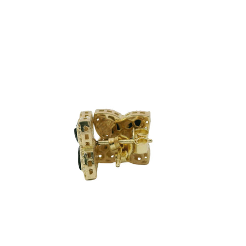 14KT Gold Earrings Small 3D Black Marquise CZ Stones Four Leaf Clover with White CZ Stones Border, Plain Edge, and Push Back Post with Butterfly Backs