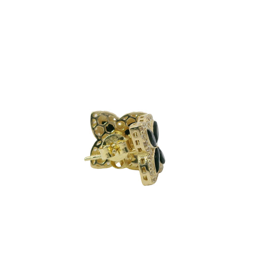 14KT Gold Earrings Small 3D Black Marquise CZ Stones Four Leaf Clover with White CZ Stones Border, Plain Edge, and Push Back Post with Butterfly Backs