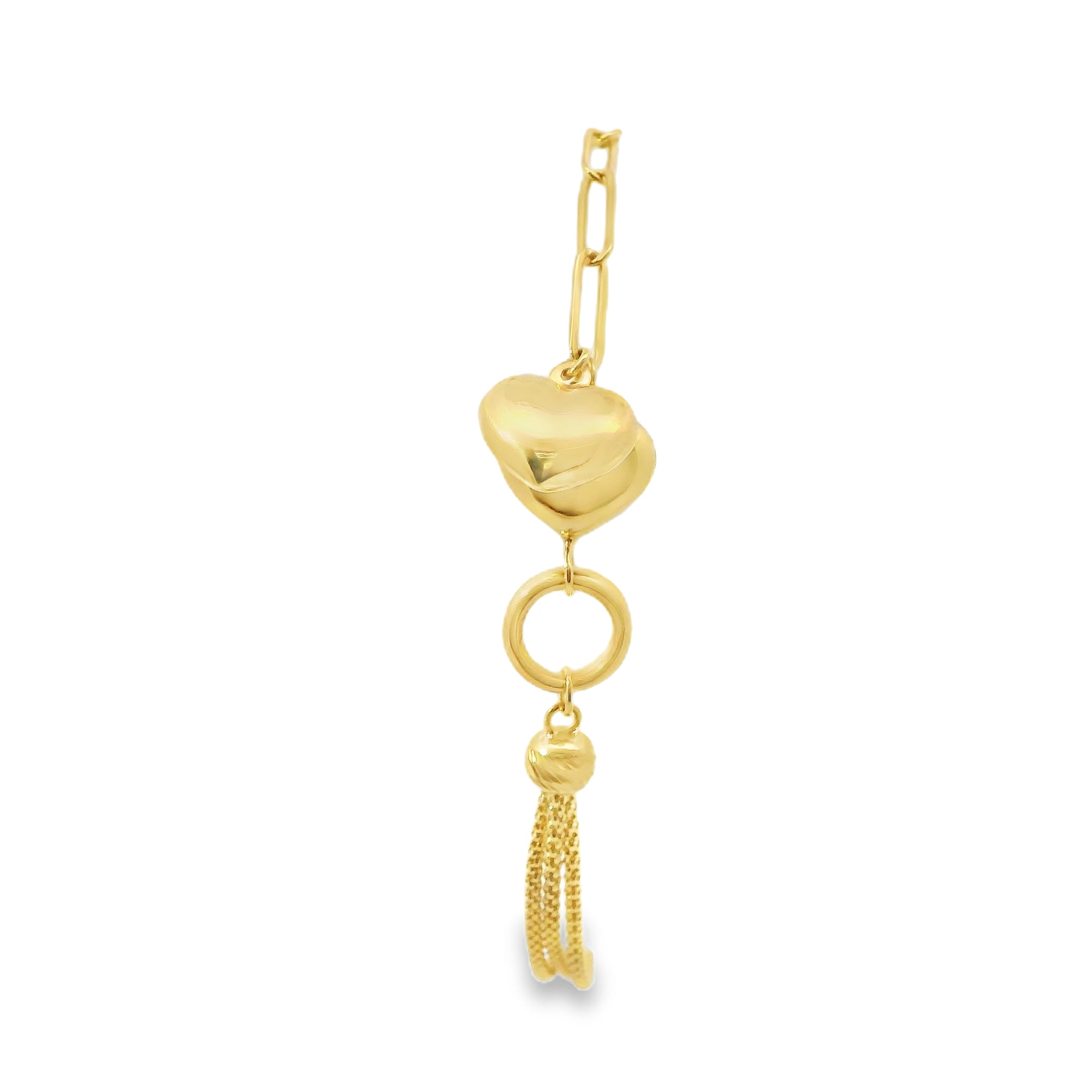 14KT Gold Bracelet Women's Two Charm Puff Heart Paperclip Link Center with Braided Mesh Link Band and White CZ Stone End Lobster Clasp