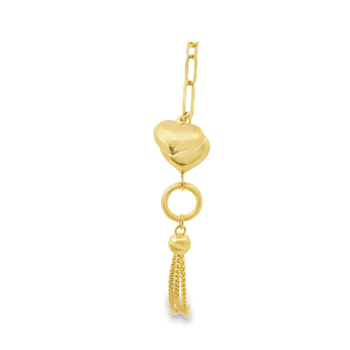 14KT Gold Bracelet Women's Two Charm Puff Heart Paperclip Link Center with Braided Mesh Link Band and White CZ Stone End Lobster Clasp