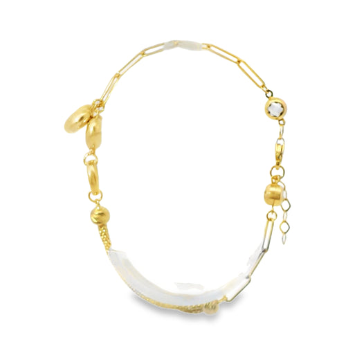 14KT Gold Bracelet Women's Two Charm Puff Heart Paperclip Link Center with Braided Mesh Link Band and White CZ Stone End Lobster Clasp