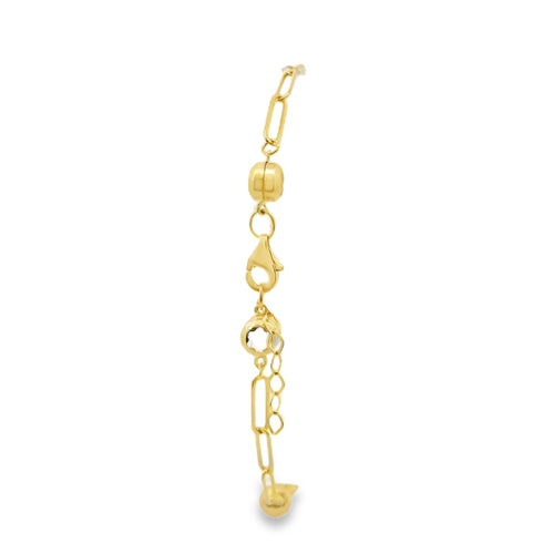 14KT Gold Bracelet Women's Two Charm Puff Heart Paperclip Link Center with Braided Mesh Link Band and White CZ Stone End Lobster Clasp