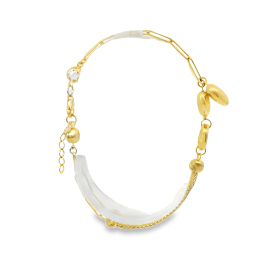 14KT Gold Bracelet Women's Two Charm Puff Heart Paperclip Link Center with Braided Mesh Link Band and White CZ Stone End Lobster Clasp