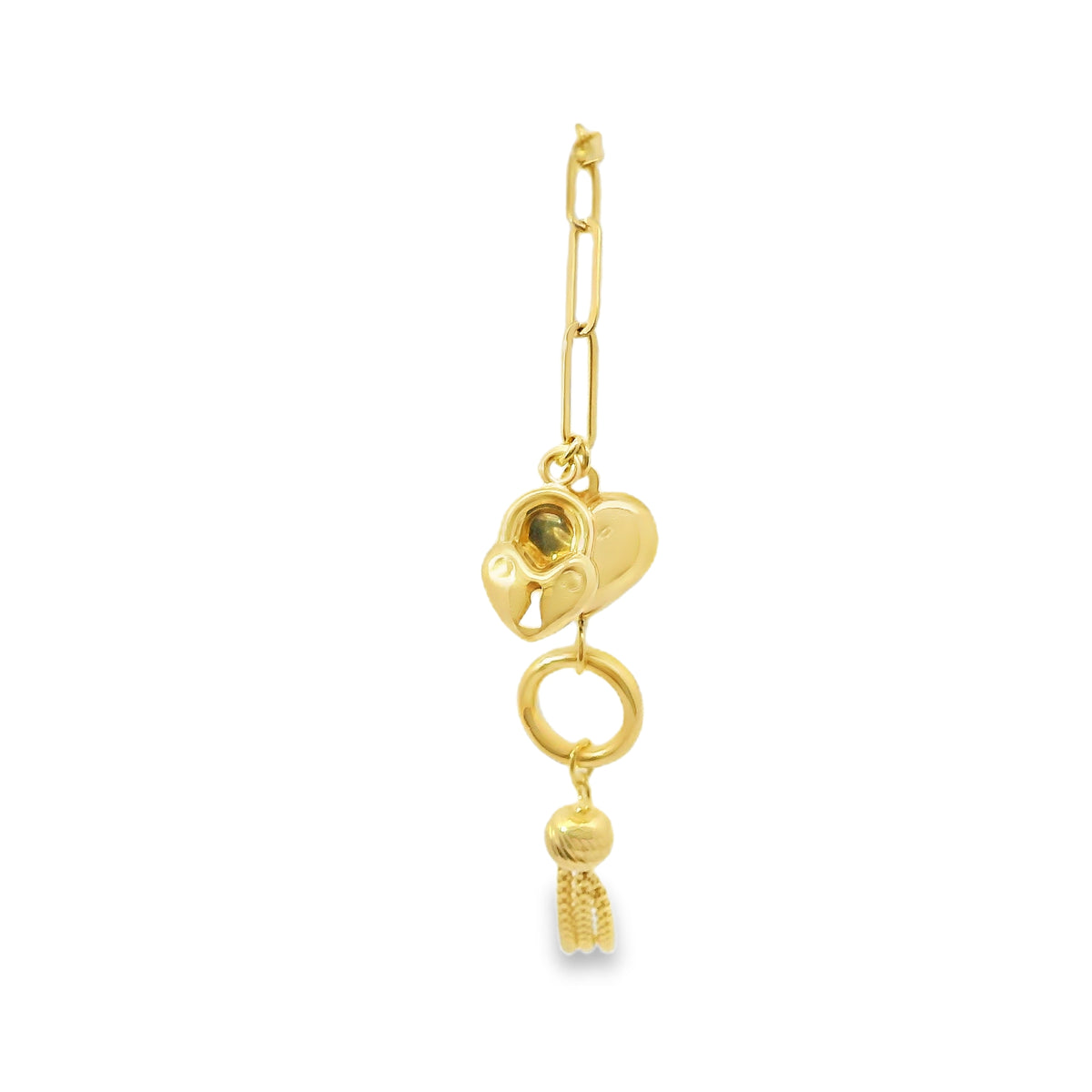 14KT Gold Bracelet Women's Two Charm Puff and Puff Heart Lock Heart Paperclip Link with White CZ Stone End Lobster Clasp