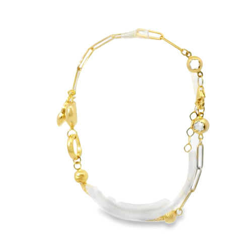 14KT Gold Bracelet Women's Two Charm Puff and Puff Heart Lock Heart Paperclip Link with White CZ Stone End Lobster Clasp