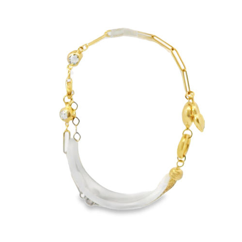 14KT Gold Bracelet Women's Two Charm Puff and Puff Heart Lock Heart Paperclip Link with White CZ Stone End Lobster Clasp