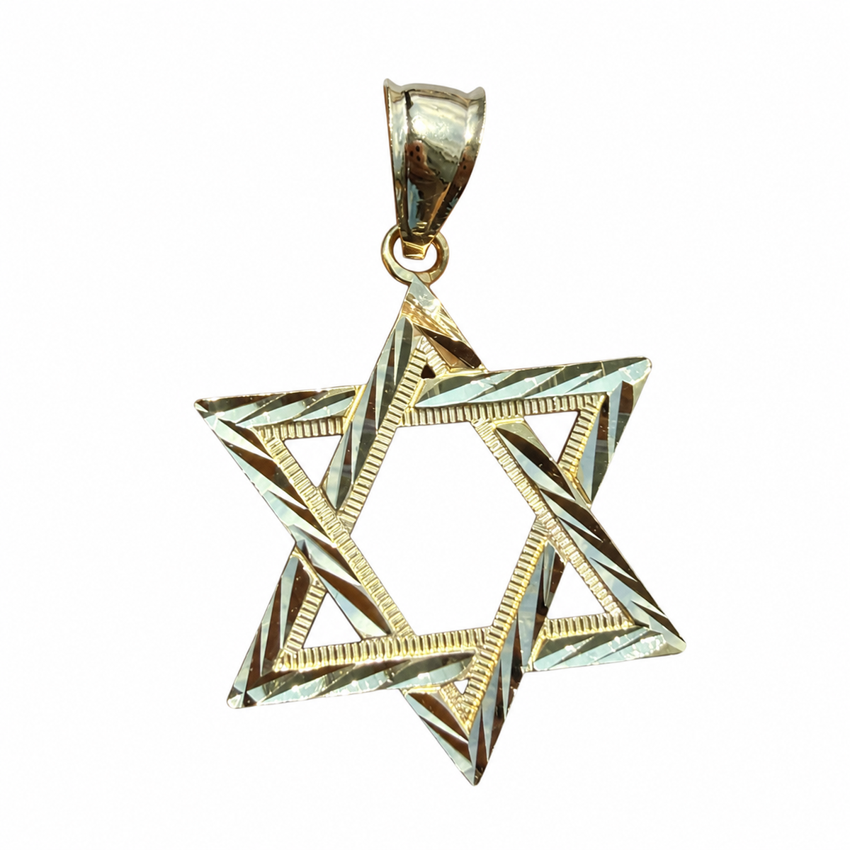 14KT Gold Charm 2XL Open Diamond Cut Star of David with Plain Bell
