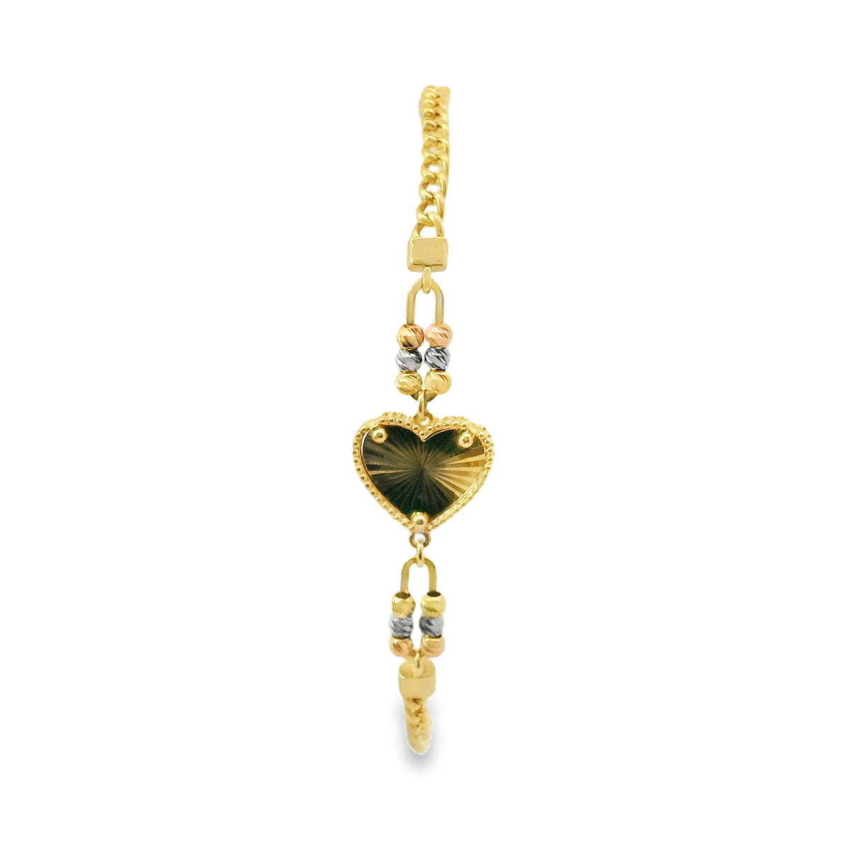 14KT Gold Bracelet Miami Cuban Plain Sunray Heart with Three Tri Tone Beads Center Coin 3mm