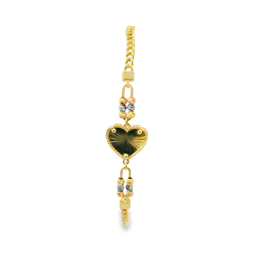 14KT Gold Bracelet Miami Cuban Plain Sunray Heart with Three Tri Tone Beads Center Coin 3mm