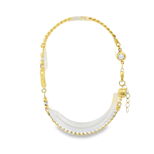 14KT Gold Bracelet Miami Cuban Plain Sunray Heart with Three Tri Tone Beads Center Coin 3mm
