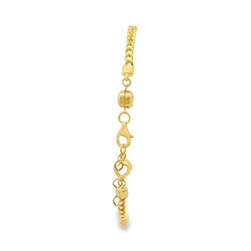 14KT Gold Bracelet Miami Cuban Plain Sunray Heart with Three Tri Tone Beads Center Coin 3mm
