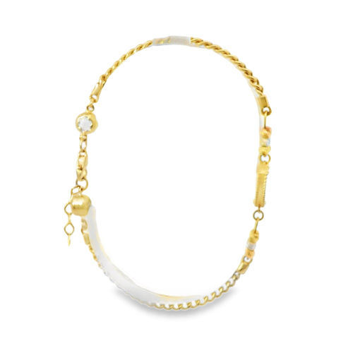 14KT Gold Bracelet Miami Cuban Plain Sunray Heart with Three Tri Tone Beads Center Coin 3mm