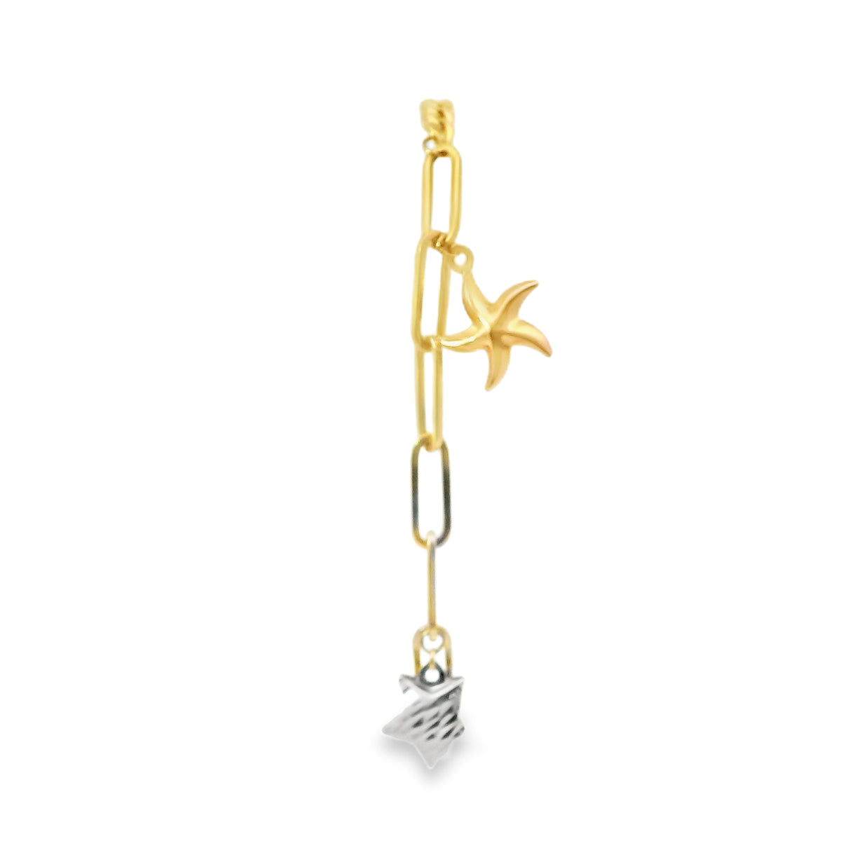 14KT Gold Bracelet Women's Tri Tone Two Charm Puff Star Paperclip Link Center with Cuban Link Band and White CZ Stone End Lobster Clasp