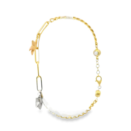 14KT Gold Bracelet Women's Tri Tone Two Charm Puff Star Paperclip Link Center with Cuban Link Band and White CZ Stone End Lobster Clasp