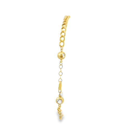 14KT Gold Bracelet Women's Tri Tone Two Charm Puff Star Paperclip Link Center with Cuban Link Band and White CZ Stone End Lobster Clasp