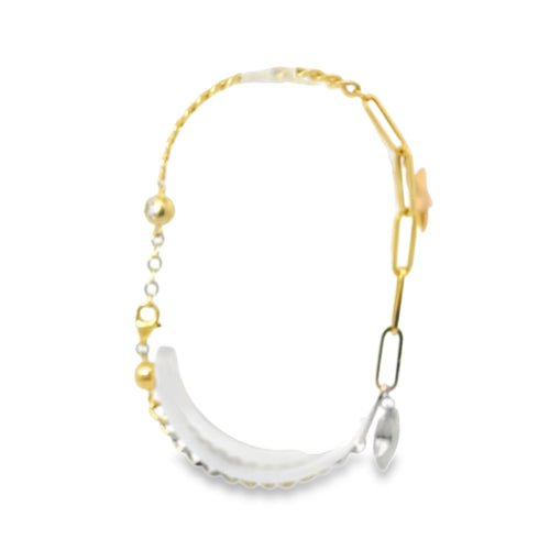 14KT Gold Bracelet Women's Tri Tone Two Charm Puff Star Paperclip Link Center with Cuban Link Band and White CZ Stone End Lobster Clasp