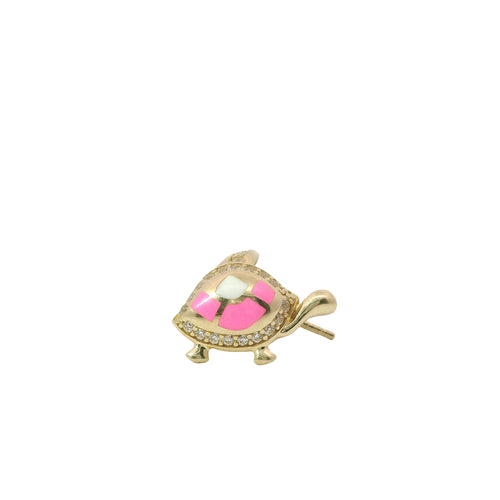 14KT Gold Earrings Small Pink and White Enamel Turtle with White CZ Stones Shell Border, and Push Back Post and Butterfly Backs