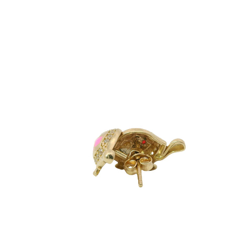 14KT Gold Earrings Small Pink and White Enamel Turtle with White CZ Stones Shell Border, and Push Back Post and Butterfly Backs