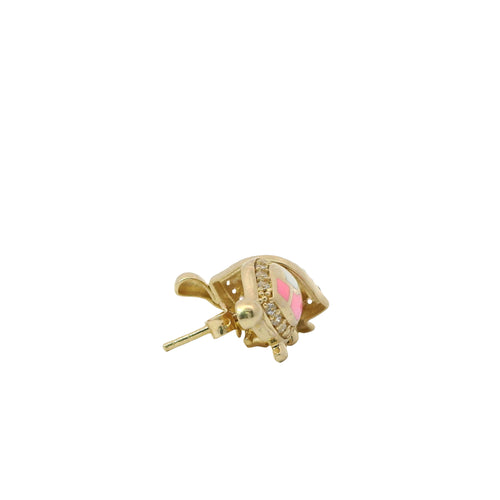 14KT Gold Earrings Small Pink and White Enamel Turtle with White CZ Stones Shell Border, and Push Back Post and Butterfly Backs