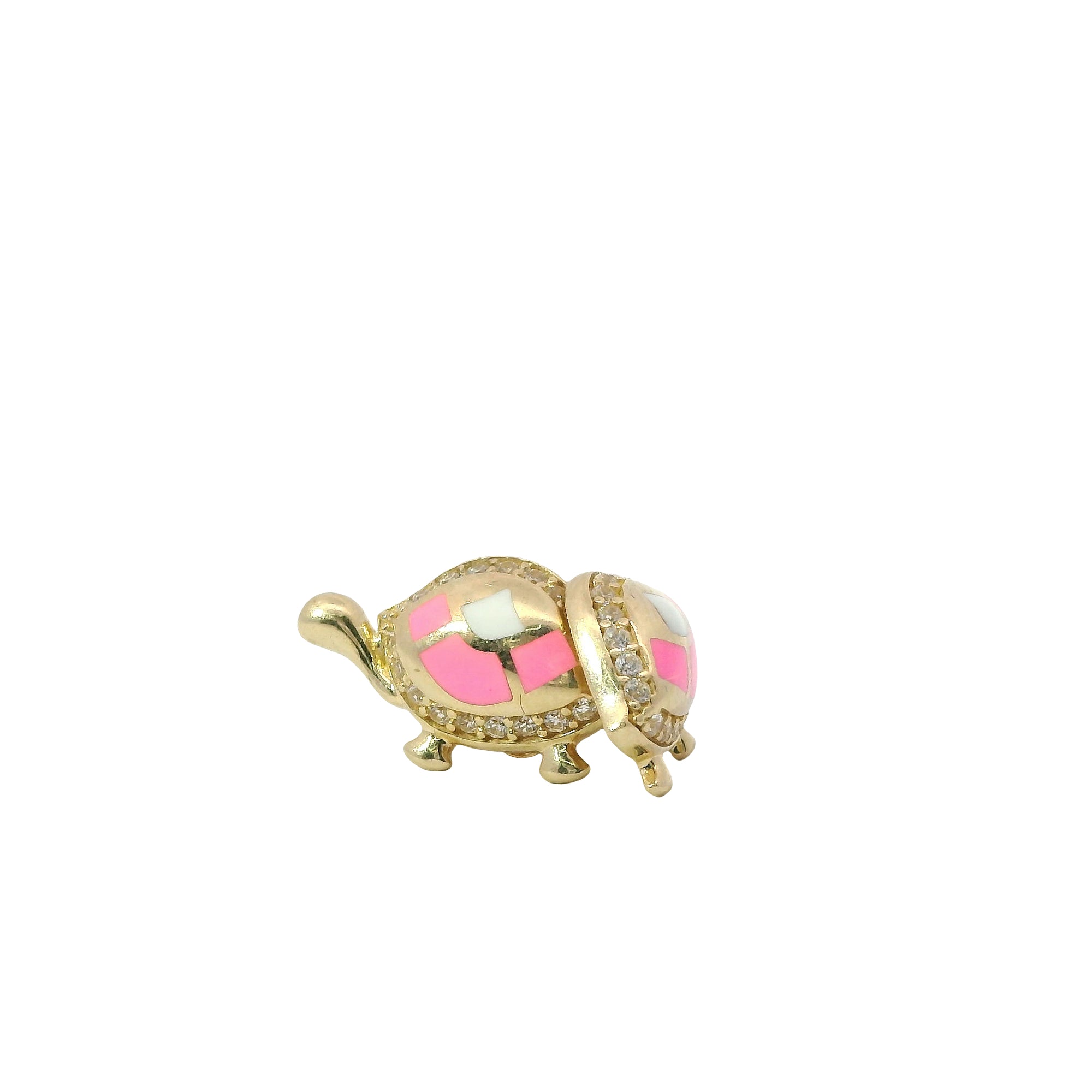 14KT Gold Earrings Small Pink and White Enamel Turtle with White CZ Stones Shell Border, and Push Back Post and Butterfly Backs