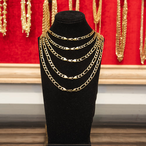 14KT Gold Chain Solid Figaro Yellow Diamond Cut 10mm