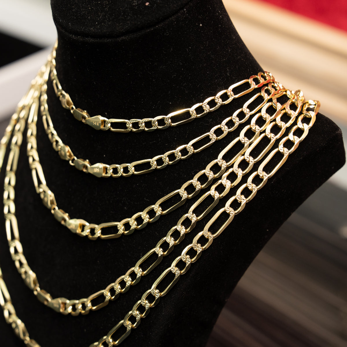 14KT Gold Chain Solid Figaro Yellow Diamond Cut 10mm