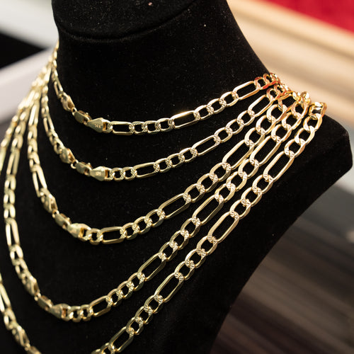 14KT Gold Chain Solid Figaro Yellow Diamond Cut 10mm