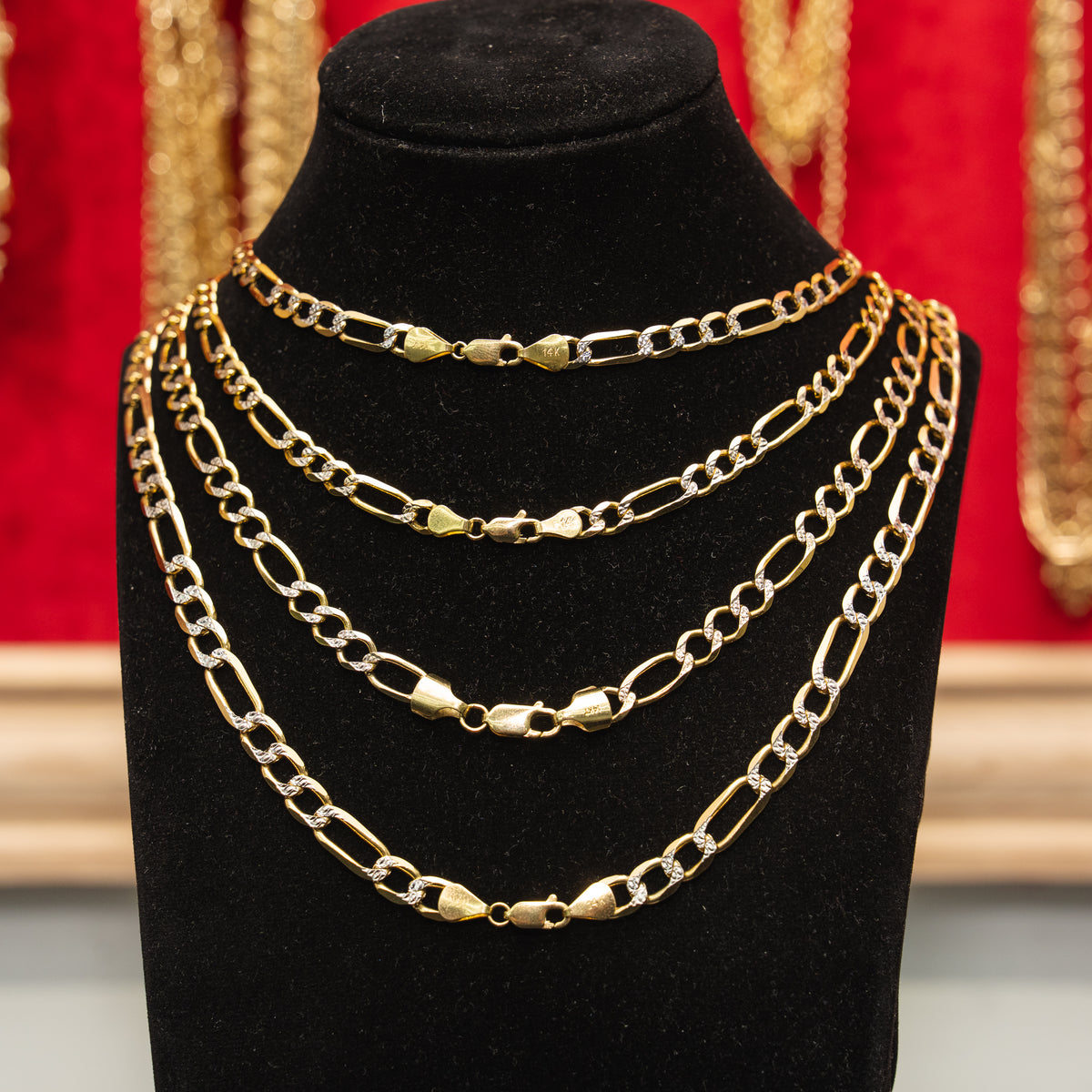 14KT Gold Chain Solid Figaro Pave 1.5mm