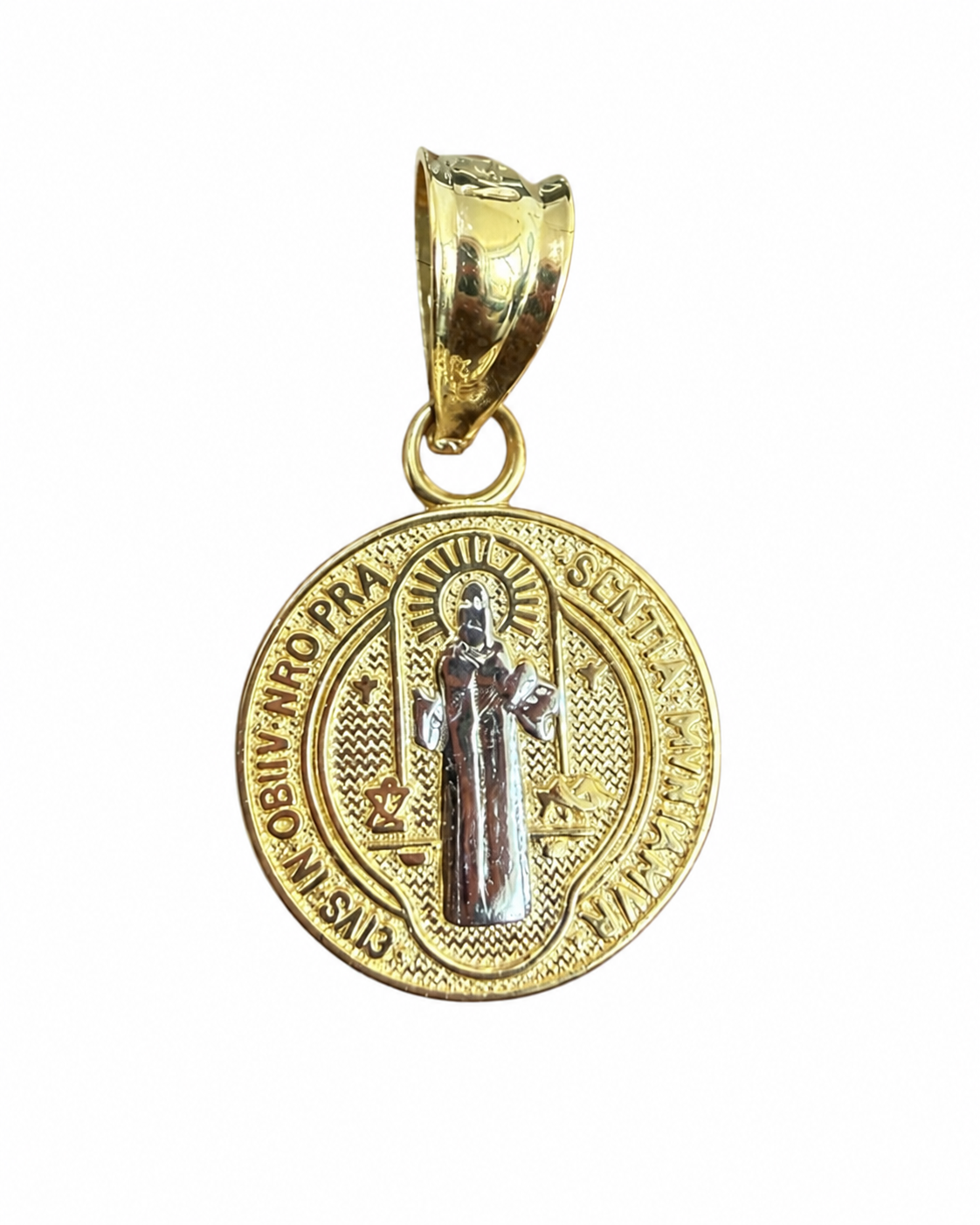 14KT Gold Charm Small Round Two Tone St Benedict Coin with Greek Border and Plain Bell