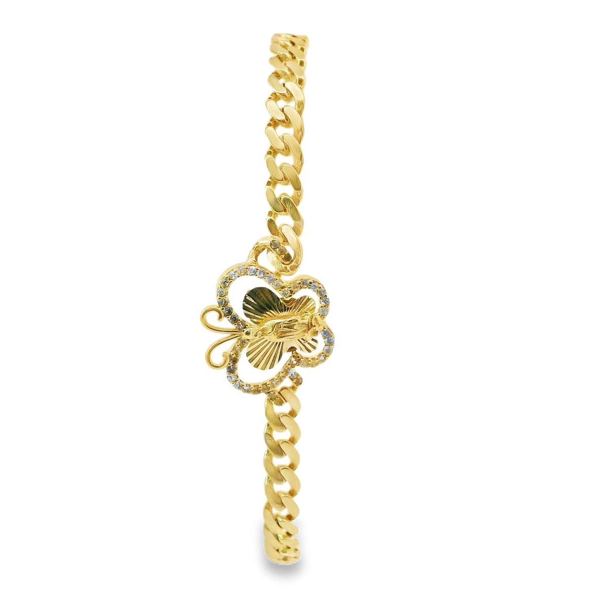 14KT Gold Bracelet Women's Single Charm Virgin Mary Sunray Butterfly with White CZ Stones Border and White CZ Stone End Cuban Link Lobster Clasp Band