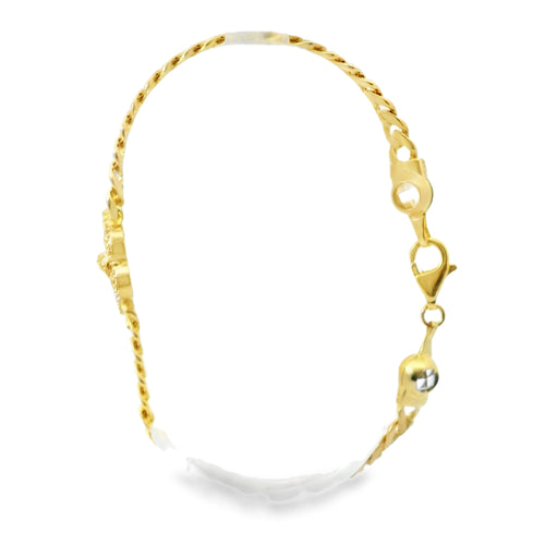 14KT Gold Bracelet Women's Single Charm Virgin Mary Sunray Butterfly with White CZ Stones Border and White CZ Stone End Cuban Link Lobster Clasp Band