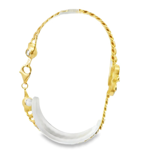 14KT Gold Bracelet Women's Single Charm Virgin Mary Sunray Butterfly with White CZ Stones Border and White CZ Stone End Cuban Link Lobster Clasp Band