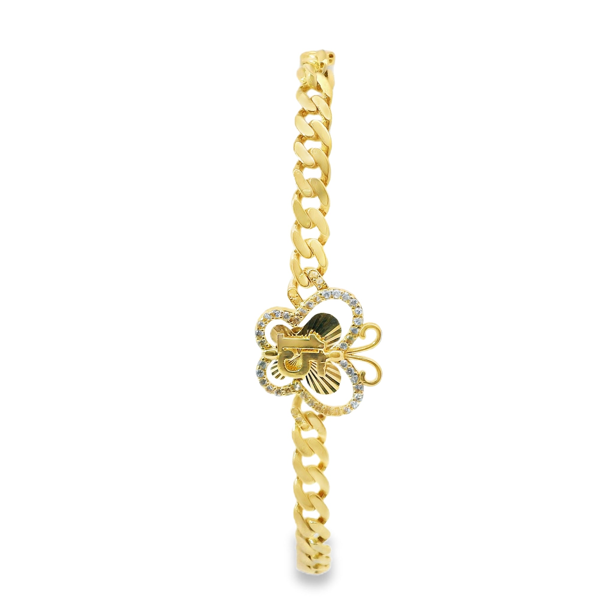 14KT Gold Bracelet Women's Single Charm Quinceanera Sunray Butterfly with White CZ Stones Border and White CZ Stone End Cuban Link Lobster Clasp Band