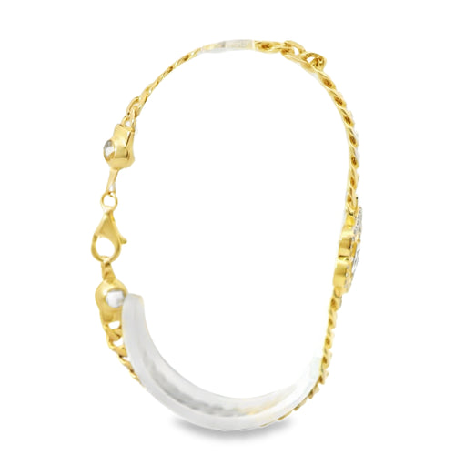14KT Gold Bracelet Women's White CZ Stones Butterfly with Dark Pink CZ Stones Body and Antennas White CZ Stone End Cuban Link Lobster Clasp Band