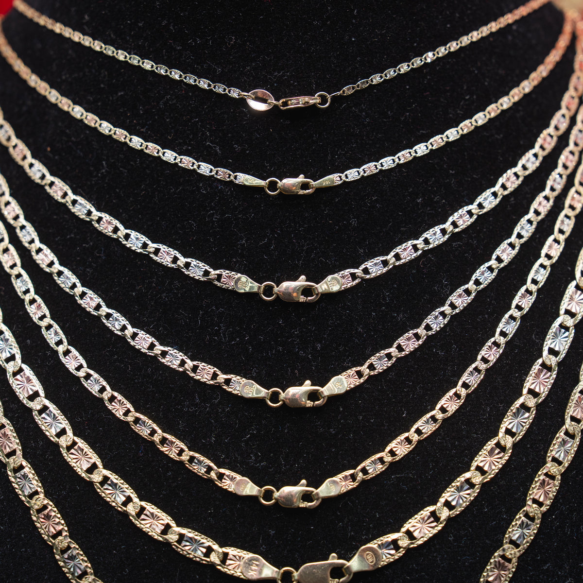 14KT Gold Chain Solid Tri Tone Square Valentino with Diamond Cut Edge and Lobster Clasp 1.3mm